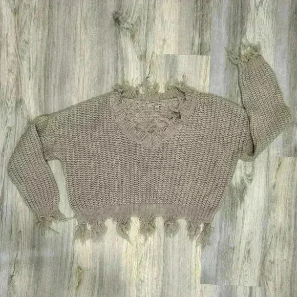 Love Tree Beige Knit Sweater Cropped Long Sleeve Distressed Oversized Size S - Picture 1 of 7